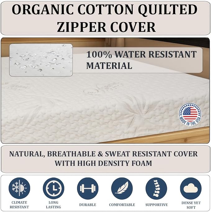 Foamma 8” x 30” x 72” Truck, Camper, RV High-Density Bunk Mattress, Washable Organic Cotton Cover, Made in USA, Comfortable, Travel Trailer, CertiPUR-US Certified