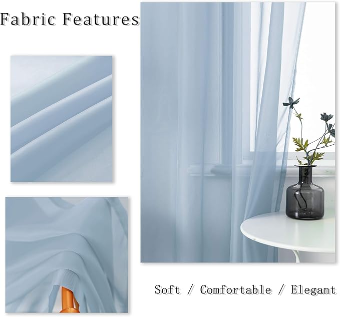 DUALIFE Dusty Blue Sheer Curtains 96 Inch Length for Living Room Decor Set of 2 Panels Grommet Window Look Semi Sheer Transparent Grey Blue Sheer Curtains for Bedroom 52x96 Inches Long Stone Blue