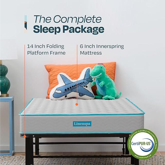 Linenspa 6-Inch Innerspring Mattress - Twin XL + 14-Inch Folding Platform Bed Frame