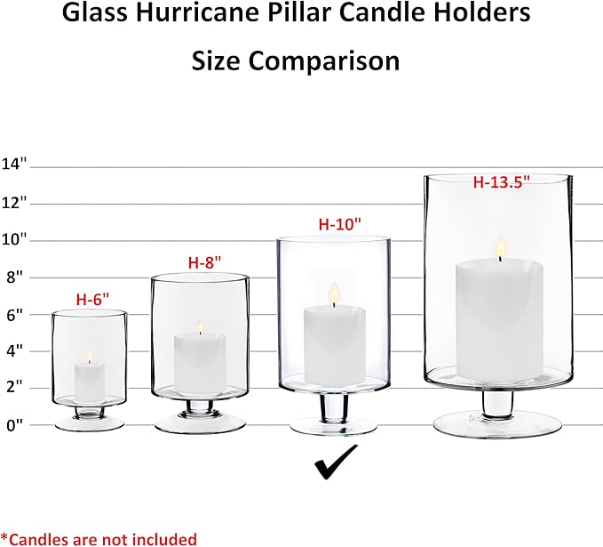 CYS EXCEL Glass Hurricane Pillar Candle Holder (H:10" W:6") | Multiple Size Choices Short Stem Candle Centerpieces | Stemmed Glass Cylinder Candle Vase