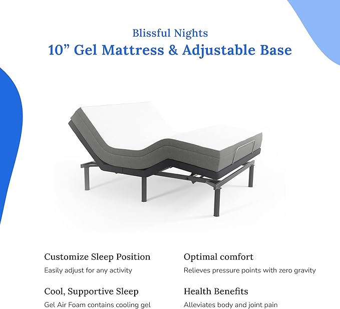 Blissful Nights e3 King Adjustable Bed Base Frame with 10" Medium Firm Gel Infused Memory Foam Mattress
