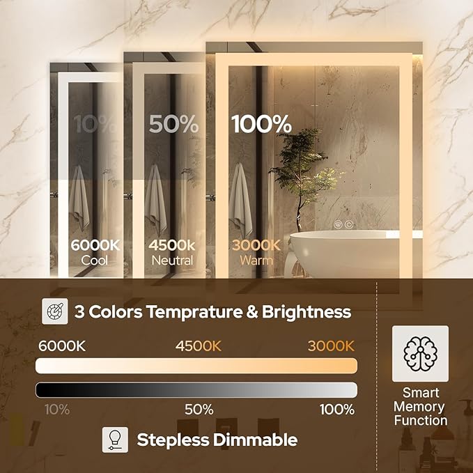 30 x 36 LED Vanity Mirror for Bathroom, Frontlit & Backlit LED Mirror for Bathroom with 3 Colour Lights, Wall Vanity Mirror with Anti-Fog, Shatterproof & Memory Function, Perfect for Modern Bathrooms