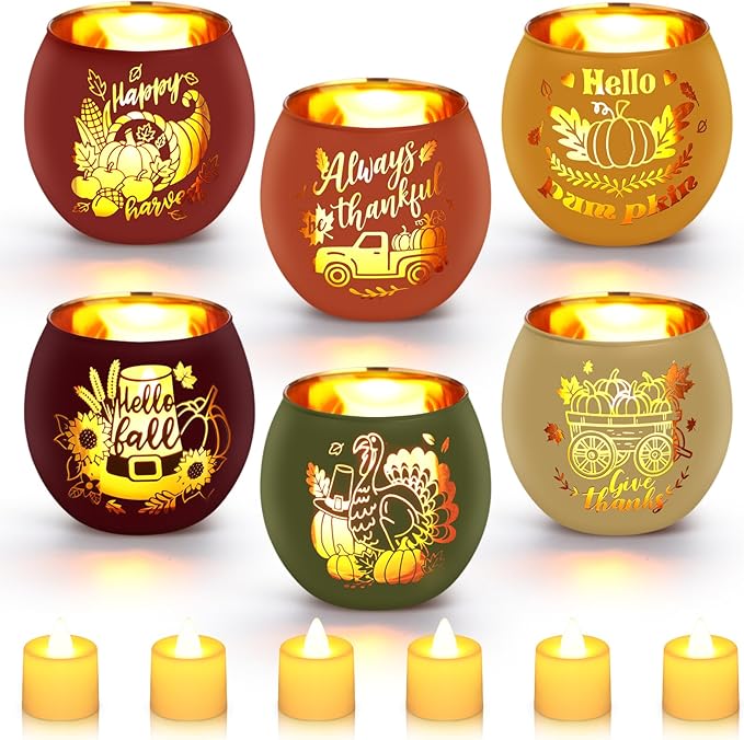 VIHOSE 6 Set Thanksgiving Votive Candle Holders with 6 LED Battery Operated Candles Fall Glass Tealight Holders Fall Table Decorations for Home Table Centerpiece Decor Gifts