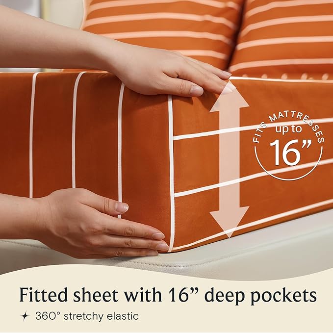 LuxClub 4 PC Sheet Set Bed Sheets Deep Pockets 16" Wrinkle Free Cooling Machine Washable Hotel Bedding Silky Soft - Striped-Autumn Orange California King