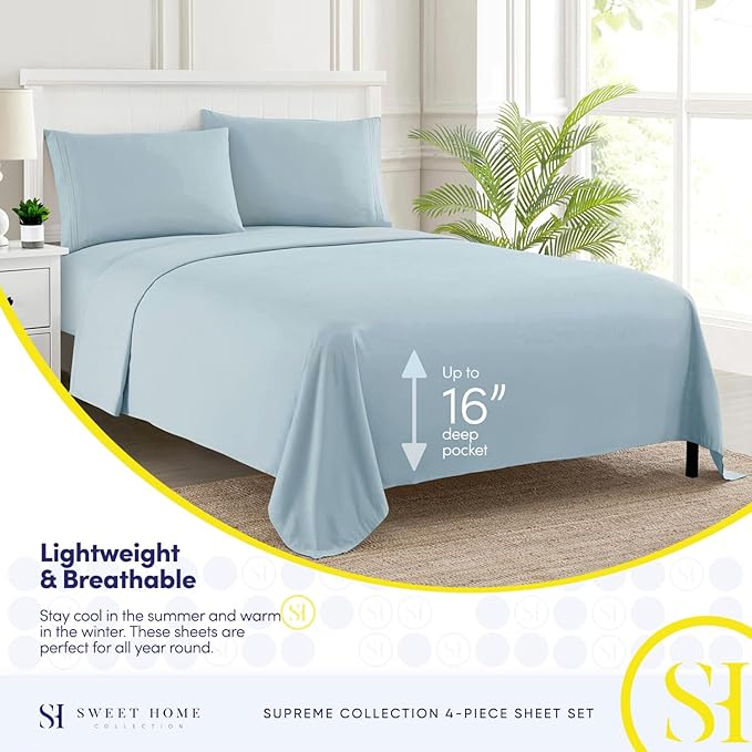 Twin XL Sheets - Breathable Luxury Sheets with Full Elastic & Secure Corner Straps Built In - 1800 Supreme Collection Extra Soft Deep Pocket Bedding Set, Sheet Set, Twin XL, Light Blue