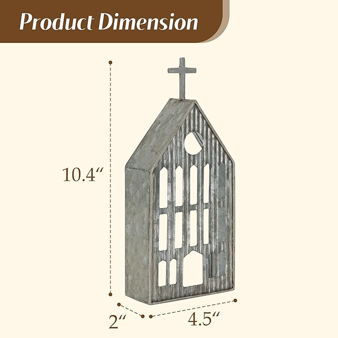 Church Shaped Tea Light Candle Holder Farmhouse Galvanized Metal Candle Holder Vintage Decorative Tealight Holder for Table Centerpiece Decoration - 4.53" x 1.97" x 10.43"
