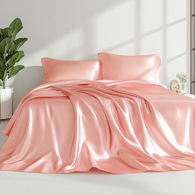 Love's cabin Full Size Satin Sheet Sets - 4 Piece Coral Silky Satin Sheet Set Full with Deep Pocket, Luxury Silk Feel Satin Bed Sheets Full Bedding Set (1 Flat Sheet,1 Fitted Sheet,2 Pillow Cases)