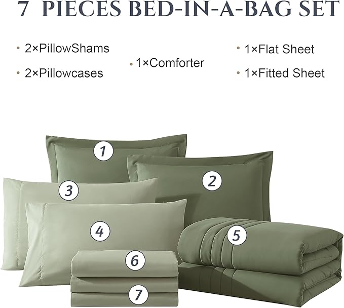 Monbix Queen Comforter Set - 7 Pieces Light Sage Green Bed in a Bag Queen Bedding Sets with Comforters, All Seasons Down Alternative Comforter Bed Set with Sheets, Pillowcases & Shams