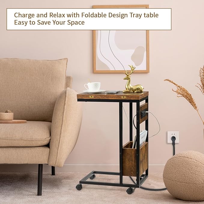 Hadulcet C Tables End Table Set of 2, C Shaped Side Table with Charging Station, Folding Table TV Trays for Eating, Couch Tables That Slide Under, Small End Table Snack Tables, Rustic Brown