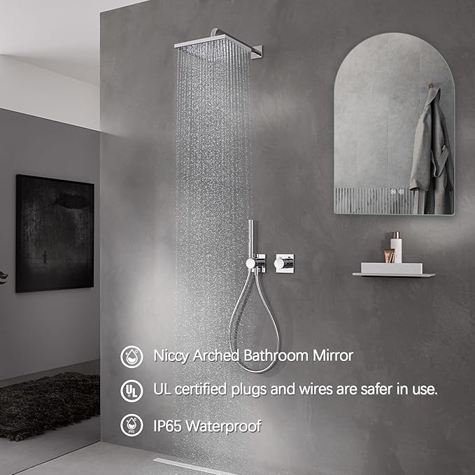 Niccy Arched LED Bathroom Mirror, 32x20 Inch Arch Frameless Backlit Mirrors for Wall Arched Lighted Vanity Mirrors Defogger and 3 Color, Explosion-Proof, HD Glass and IP65 Waterproof