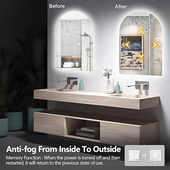 Niccy Arched LED Bathroom Mirror, 36x24 Inch Arch Frameless Backlit Mirrors for Wall Arched Lighted Vanity Mirrors Defogger and 3 Color, Explosion-Proof, HD Glass and IP65 Waterproof