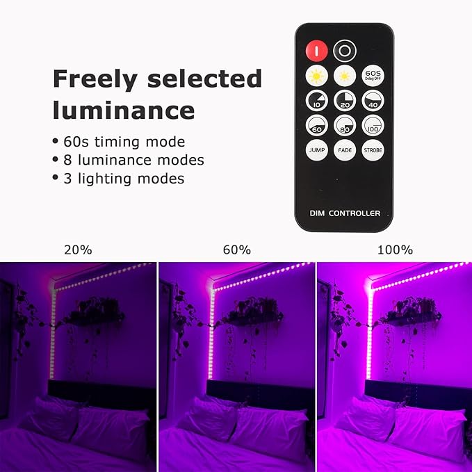66 Foot Black Light Strips & Remote, Dimmable Flexible Blackights Strip Lights for Glow Party Body Paint Birthday Bedroom Room Fluorescent Tapestry Poster, Non-Waterproof 1200 LEDs 66ft/20M