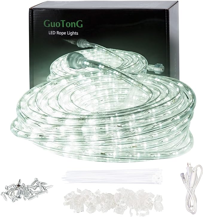 50ft/15m Plug in LED Rope Lights, 540 Daylight White LEDs, 110V, Waterproof,Connectable, Power Socket Connector Fuse Holder, Indoor/Outdoor Use, Ideal for Backyards, Decorative Lighting