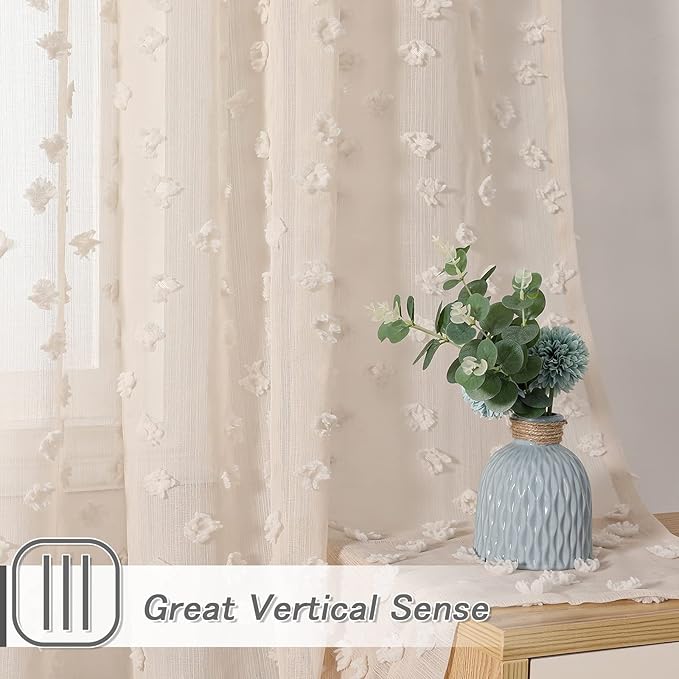 MYSKY HOME Pom Pom Beige Sheer Curtains for Bedroom Girls Room Curtains 72 Inches Long for Nursery Kids Light Filtering Boho Window Drapes, Rod Pocket, 52" Wide, 2 Panels