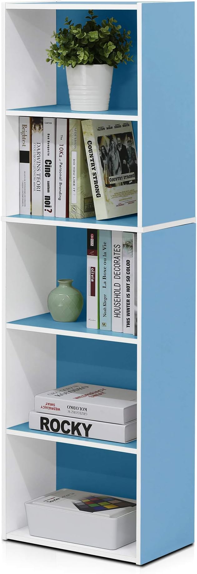 Furinno LUDER Book Shelf, 5-Tier Bookshelf, Bookcase, 9.4" x 15.8" x 52", for Living Room, Bedroom, Home Office, White/Light Blue