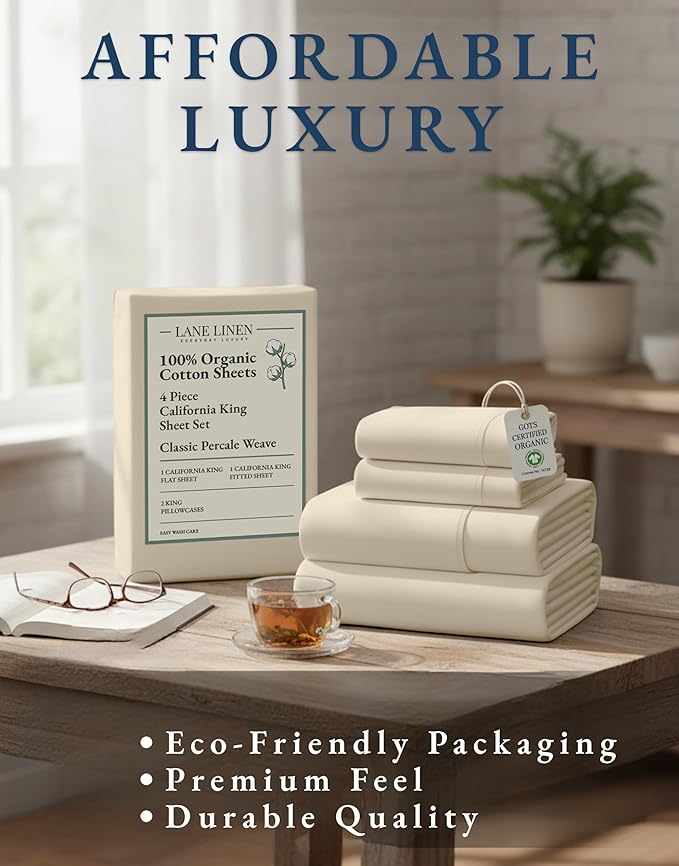 LANE LINEN 100% Organic Cotton California King Sheets Set, 4-Piece Pure Organic Cotton Long Staple Percale Weave Soft Best Bedding Sheets for Bed, Breathable, Fits Mattress Upto 15" Deep - Natural