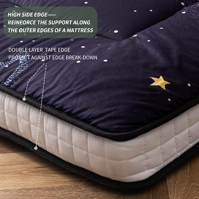 MAXYOYO Black Moon and Star Futon Mattress, Padded Japanese Floor Mattress Quilted Bed Mattress Topper, Extra Thick Folding Sleeping Pad Floor Lounger Guest Bed for Camping Couch, Queen