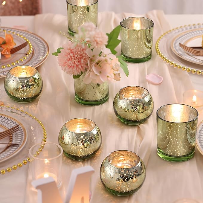 20 Pcs Assorted Green Votive Candle Holders, Larger Size Mercury Glass Candle Holder Bulk, Glass Votive Holder for Wedding, Tea Candle Holders for Christmas Decor, Sage Green Centerpieces for Table
