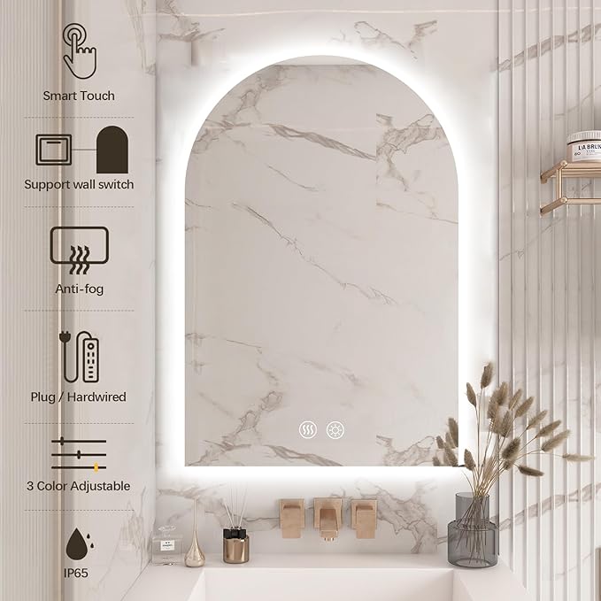 Niccy Arched LED Bathroom Mirror, 36x24 Inch Arch Frameless Backlit Mirrors for Wall Arched Lighted Vanity Mirrors Defogger and 3 Color, Explosion-Proof, HD Glass and IP65 Waterproof