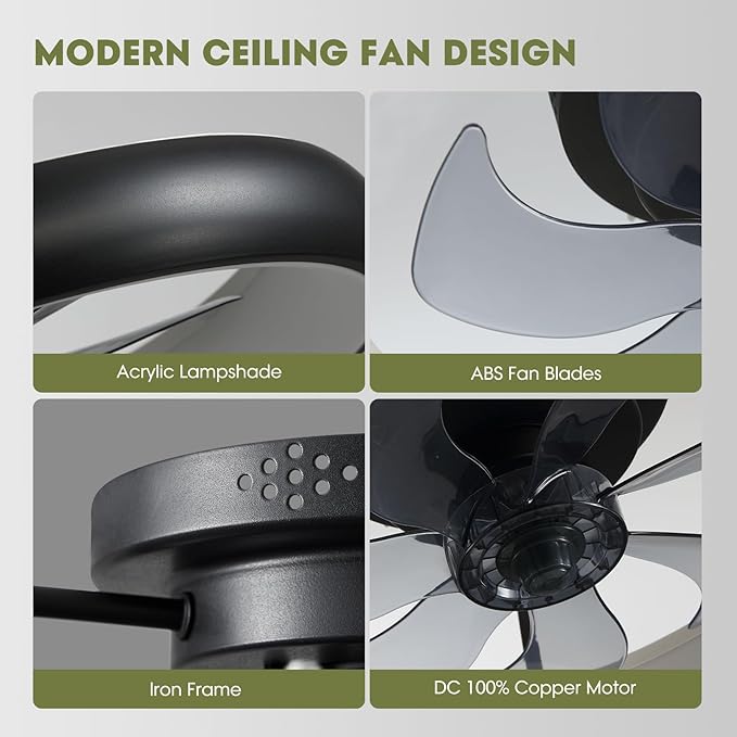 Modern Black 20" Flush Mount Ceiling Fan with Lights, 6 Wind Speeds, LED, Bedroom, Kitchen