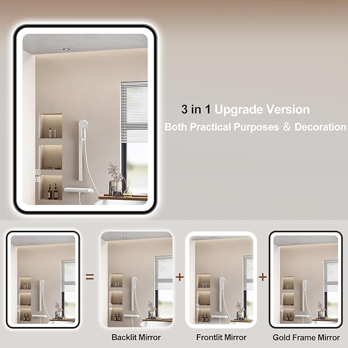 S'bagno 32X24 Black LED Mirror for Bathroom with Frontlit & Backlit, LED Bathroom Mirror with Metal Frame, Anti-Fog, Stepless Dimmable, 3 Colors Temperature LED Vanity Mirror(Horizontal/Vertical)
