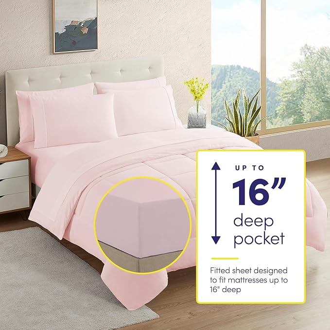 Sweet Home Collection 7 Piece Comforter Set Bag Solid Color All Season Soft Down Alternative Blanket & Luxurious Microfiber Bed Sheets, Pale Pink, Twin XL