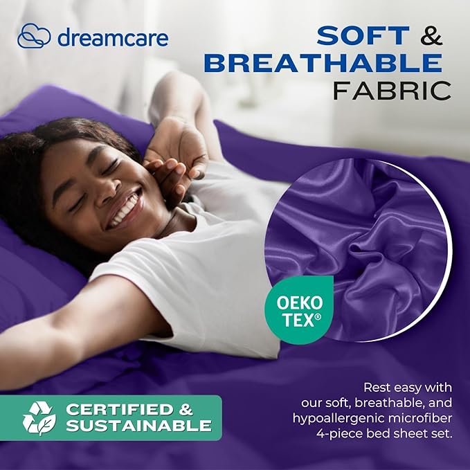 DREAMCARE California King Sheet Sets - Cooling Bed Sheets - 4pcs Set - up to 15" Deep Pocket Cal King Sheets - California King Sheets - Soft & Lasting 100% Brushed Polyester with Side Pocket - Purple