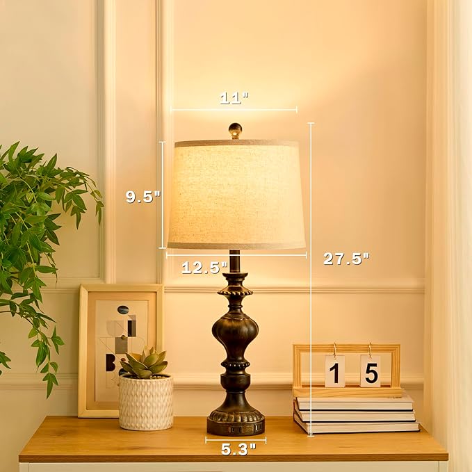 27.5" Farmhouse Table Lamps Set of 2 Bedside Nightstand Lamp with USB C+A Ports & AC Outlet, 3 Way Dimmable Touch Lamps for Bedroom Living Room Office Rustic Lamp (Rotary Switch-Black)