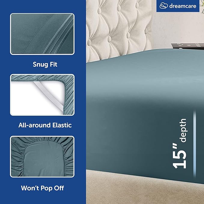 DREAMCARE Queen Sheet Set – 6 pcs Cooling Bed Sheets – up to 15” Deep Sheets Queen Size Bed Set – 2500 Supreme Collection – Extra Soft 100% Brushed Microfiber Hotel Luxury with Side Pocket – M Blue