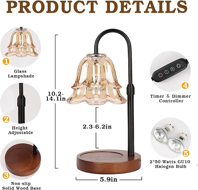 Candle Warmer Lamp with Timer & Dimmer, Adjustable Height Birthday Gifts for Women Mom, Flower Candle Lamp Warmer, Wax Warmer with 2 Bulbs, House Warming New House Decorations