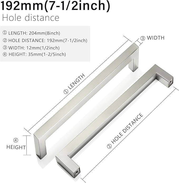 Cabinet Pulls Brushed Nickel Cabinet Handles Square Drawer Pulls, 40 Pack 7-1/2 Inch Stainless Steel Kitchen Door Cupboard Cabinet Handles, Cabinet Hardware Drawer Handles, 192mm Hole Centers