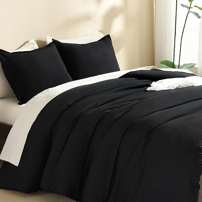 Litanika Oversized King Comforters Black Super King Plus Size, 3 Pieces Lightweight Solid Bedding Comforter Set, All Season Fluffy Bed Set (128x120In Comforter & 2 Pillowcases)