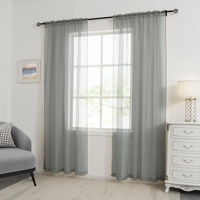 HUTO 2 Pieces Sage Grey Sheer Window Curtains Panels for Bedroom Rod Pocket Window Sheer Curtains Drapes 52 by 72 Inches Long for Living Room