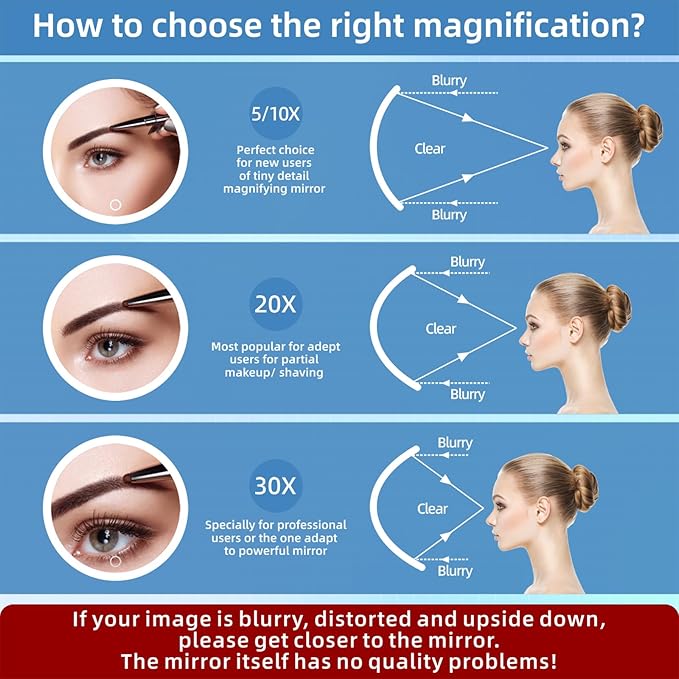 20X Magnifying Mirror with Light, Rechargeable 3 Colors Dimming Lighted Magnifying Mirror with 3 Suction Cups and 360° Stand, 6" Large Travel Tabletop Magnified Makeup Mirror with Tweezers & Scissors