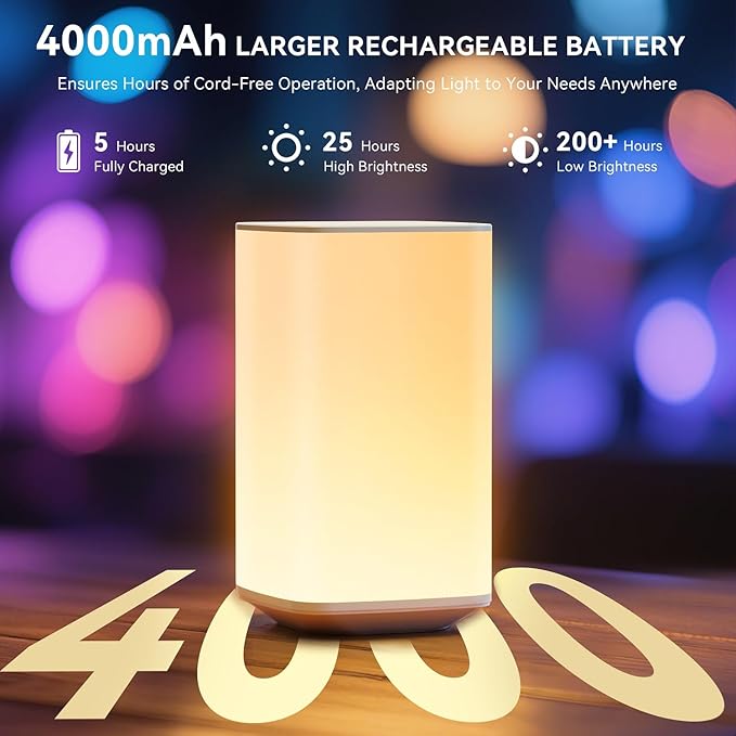 Auxmir Nursery Night Light for Baby, Portable Night Lamp with LED Stepless Dimming & 256 RGB Colors for Kids Adult, Breastfeeding, Sleep Aid, 4000mAh Rechargeable Bedside Table Lamp with Timer, White