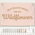 Pink Girls Kids Banner Canvas, Preppy Girly Toddler Room Decor, Inspirational She Is A Wildflower Hanging Flag Sign, Nursery Wall Tapestry Art for Baby Shower Playroom Bedroom Decor 20x30in