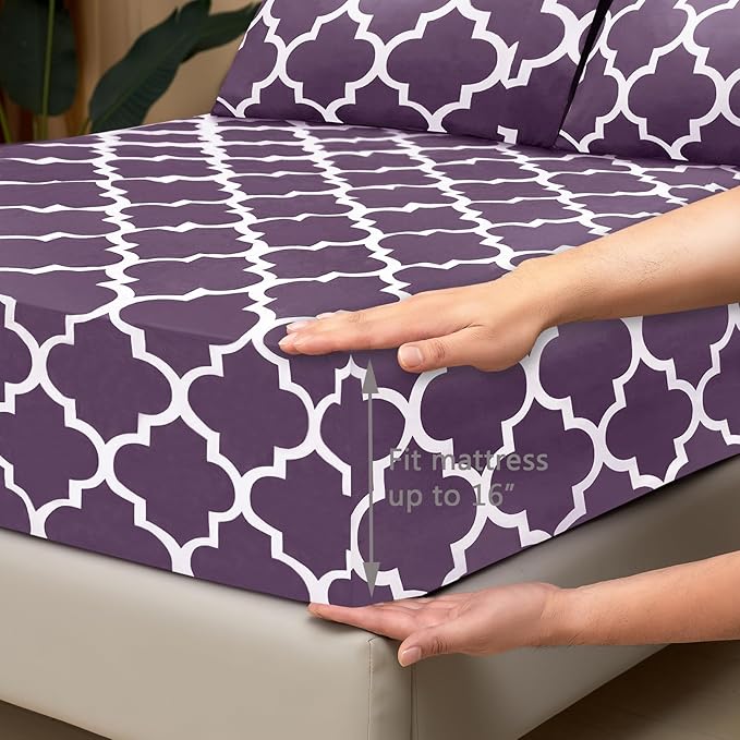 Mejoroom Full Bed Sheet Set - Super Soft Brushed Microfiber 1800 Thread Count Full Sheets with 16 inch Deep Pocket - Wrinkle Free - 4 Piece(Purple Quatrefoil with White Pattern)