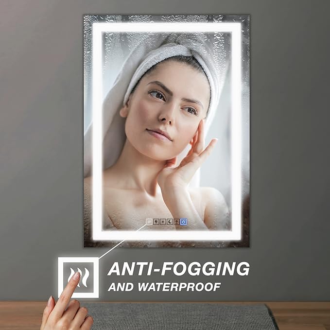 Fab Glass and Mirror LED Mirror 36x48 Inches, Led Bathroom Mirror with Lights Front and Backlit Anti-Fog Memory Brightness, Three Color Options Frameless Wall Mounted Bathroom Vanity Mirror
