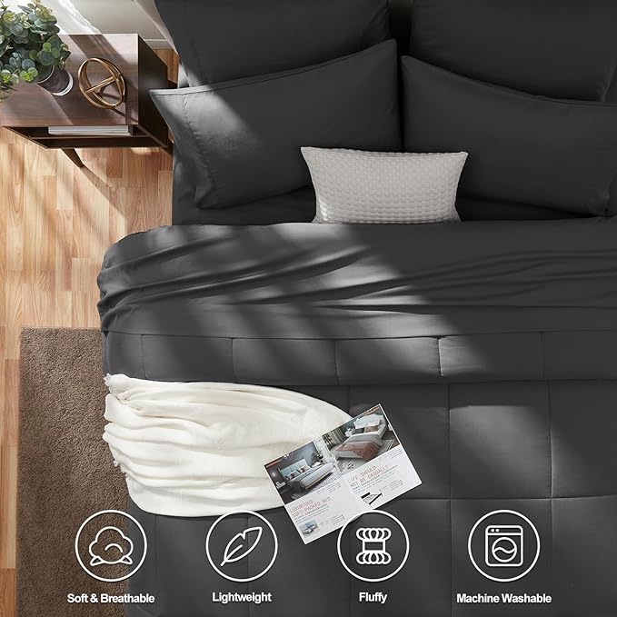 CozyLux Oversized King Comforter Sets Dark Grey, 7 Pieces Bed in a Bag, Ultra-Soft All Season Bedding Sets with Stitch Quilted Comforter, Flat Sheet, Fitted Sheet, Pillowcases, Dark Gray