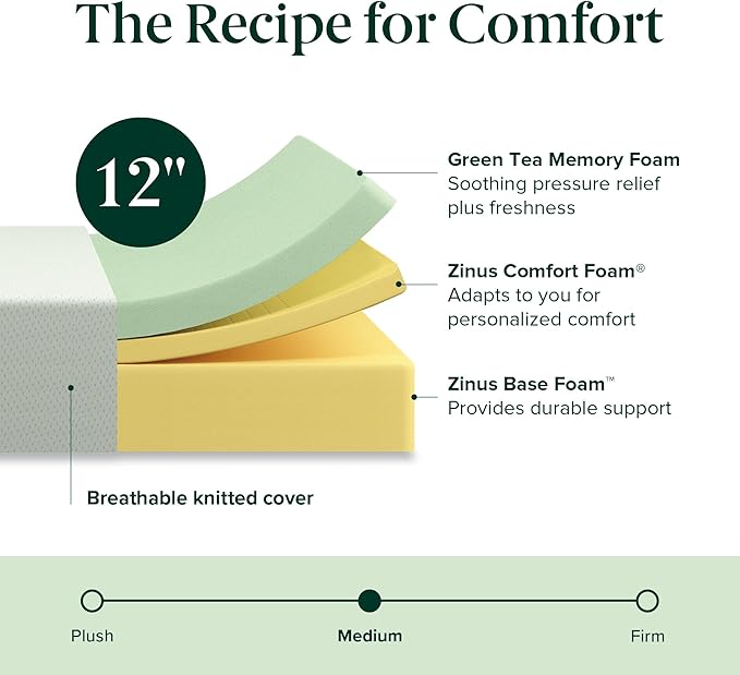 ZINUS 12 Inch Queen Green Tea Memory Foam Mattress [New Version], Fiberglass free, Medium Firm Feel, Zoned Pressure Relief, Certified Safe Foams & Fabric, Mattress in A Box
