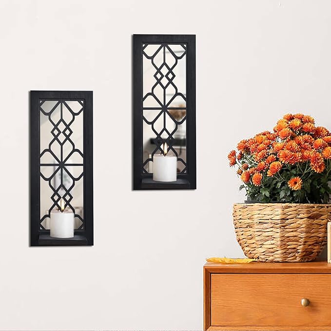 Wood Wall Sconce Candle Holder Set 2, Rustic, Wall-Mount, Farmhouse Hanging Wall Décor, Carved Wood Frame, Mirrored Candle Holder (Black)