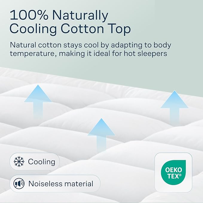 Cloud-Like King Mattress Topper - 100% Cotton Top Mattress Pad for Back Pain Relief - Breathable & Naturally Cooling for Hot Sleepers, White
