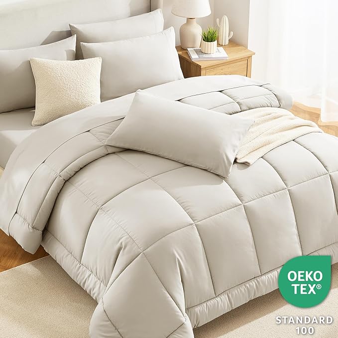 CozyLux Queen Comforter Set Oatmeal, 7 Pieces Bed in a Bag, Oatmeal Comforter Queen Size, All Season Bedding Sets with Stitch Quilted Comforter, Flat Sheet, Fitted Sheet, Pillowcases