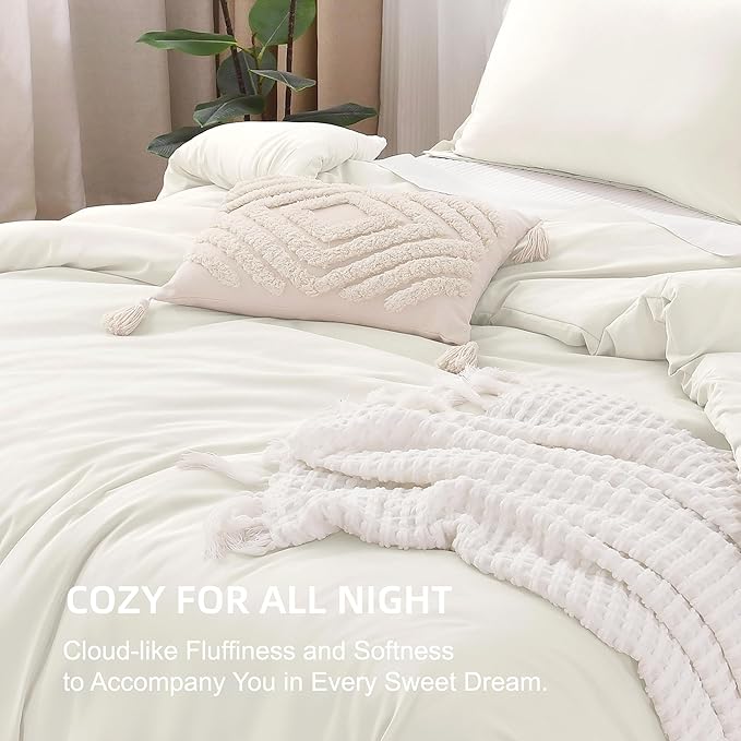 Litanika Comforters Ivory Oversized King Size, 3 Pieces Lightweight Solid Bedding Comforter Set, All Season Fluffy Bed Set (120x98In Comforter & 2 Pillowcases)