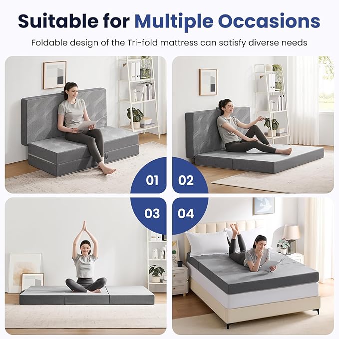 Foldable Mattress Queen 6 inch -Portable Grey Memory Foam Folding Matress with Washable Cover for Camping Travel Guest Room Home Use-Non-Slip&Easy Storage