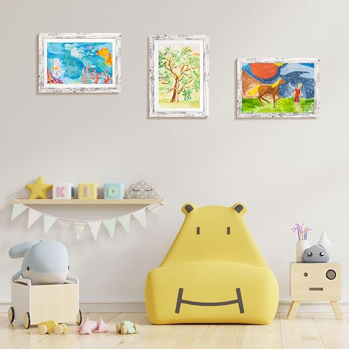 KINLINK A4 Kids Art Frame Set of 2, Solid Wood Kids Artwork Frames Changeable with Acrylic Front Opening Holds 150 Pictures 8.3x11.7, Art Frames for Kids Artwork with Mat or without Mat, Rustic White