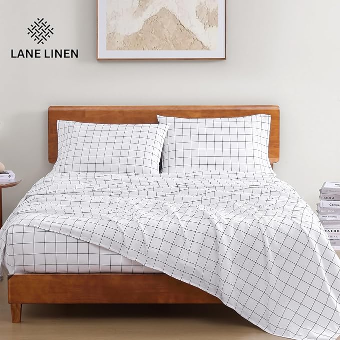 LANE LINEN 100% Organic Cotton Printed California King Sheets Set, 4-Piece Organic Cotton Long Staple Percale Weave Soft Best Bedding Sheets for Bed, Breathable- Charcoal Windowpane