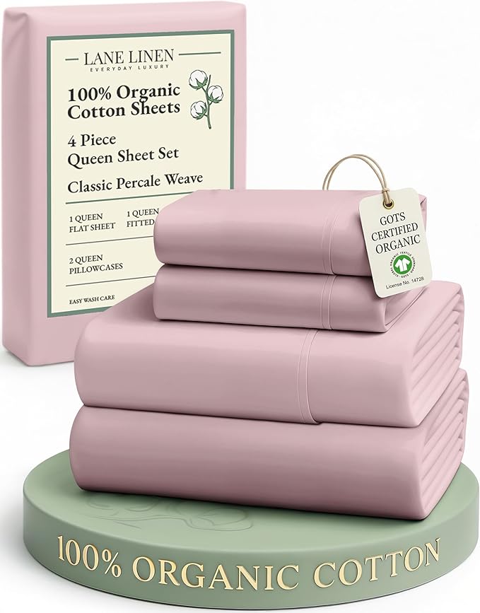 LANE LINEN Eco Friendly 100% Organic Cotton Sheets Queen Size, Mercerized Cotton Fully Elasticized Reinforced Seams Low Pill Fade Resistant Hotel Luxury Bed Sheets Set- Dusty Rose