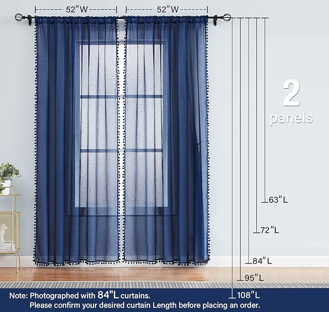 Treatmentex Pompom Sheer Window Curtains for Boy's Bedroom Guest Room Navy Blue Slub Textured Sheer Drapes for Window Office 108" Length, 52" w x 2 Pack Rod Pocket