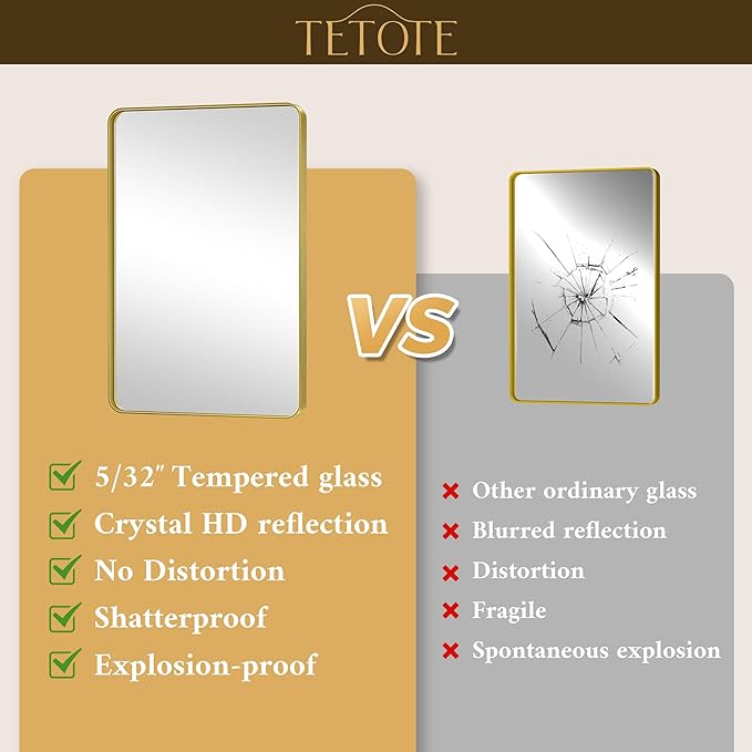 TETOTE 48 x 36 Inch Gold Mirrors Brushed Gold Metal Framed Bathroom Mirror, Tempered Glass, Modern Farmhouse Wall Mounted Mirror for Decorative(Horizontal/Vertical)